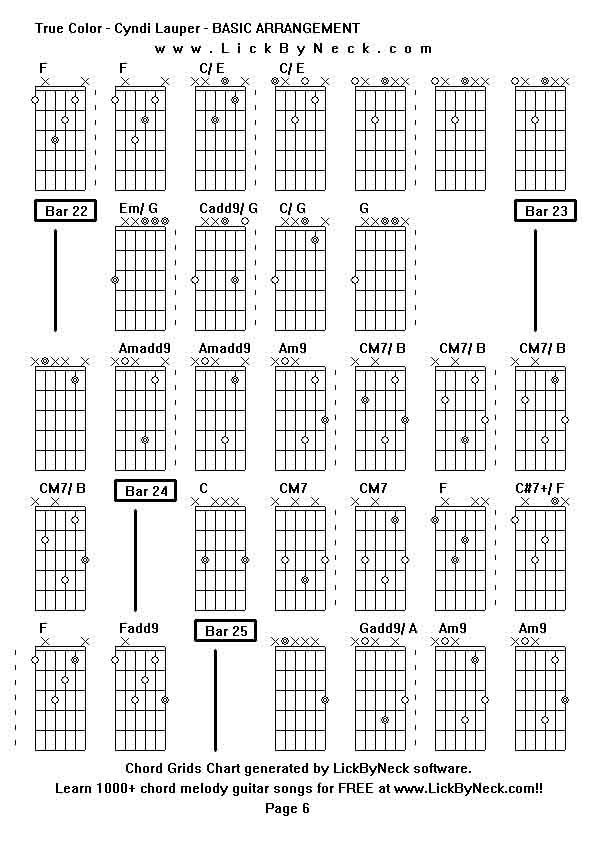 Chord Grids Chart of chord melody fingerstyle guitar song-True Color - Cyndi Lauper - BASIC ARRANGEMENT,generated by LickByNeck software.